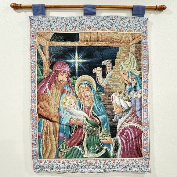 Vintage Nativity Scene Tapestry Wall Hanging With Rod Jesus Mary Wise Men 34x25" - Picture 1 of 8